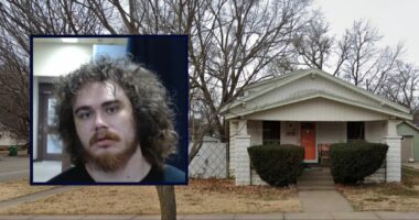 Inset: Isaiah William Langkiet (Sedgwick County Jail). Background: The Kansas home where Langkiet allegedly killed his grandmother (Google Maps).