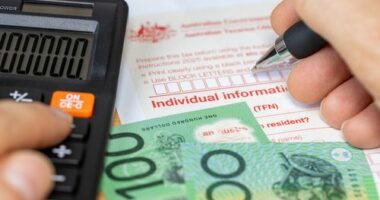 Tax return for individual. Australia tax settlement. Financial and business concept. Calculation and manual filling of the form. close up