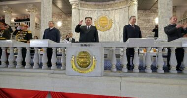 (L-R): Li Qiang, Kim Jong Un,  Vietnamese Communist Party General Secretary To Lam, Dmitry Medvedev