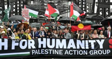 Pro-Palestine protesters march across the Sydney Harbour Bridge to bring attention to the ongoing Israel bombing and aid restrictions to Gaza. 3 August 2025 Photo: Janie Barrett
