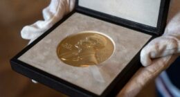 FILE - A Nobel medal is seen at the Swedish ambassador's residence in London, Dec. 8, 2020. (Niklas Halle'n/Pool via AP, File)