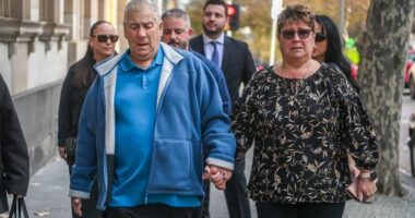 The Age, News, 12/06/2025, photo by Justin McManus. Ash Gordon murder trail Supreme ct. Dr Ash Gordon during a home invasion in Doncaster. Parents Glen and Catherine Gordon along with other family members arriving at court.