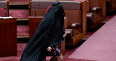 Senator Pauline Hanson wears a burqa in the Senate at Parliament House in Canberra on November 24, 2025. fedpol Photo: Dominic Lorrimer
