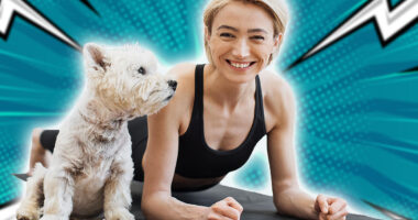 Portrait of happy blonde woman snuggling to adorable little dog while holding Forearm Plank Pose at home. Beautiful slim lady leading healthy lifestyle doing yoga whilst caring for furry friend.