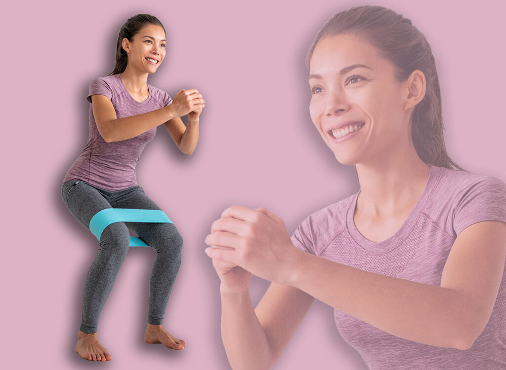 Resistance band exercises with fabric elastic equipment. Crab walk squat exercise fit Asian fitness woman training at home.