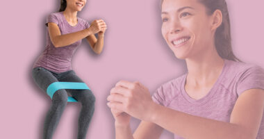 Resistance band exercises with fabric elastic equipment. Crab walk squat exercise fit Asian fitness woman training at home.