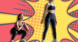 Fit woman exercising doing jump squat Fitness female athlete