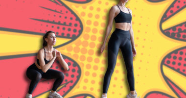 Fit woman exercising doing jump squat Fitness female athlete