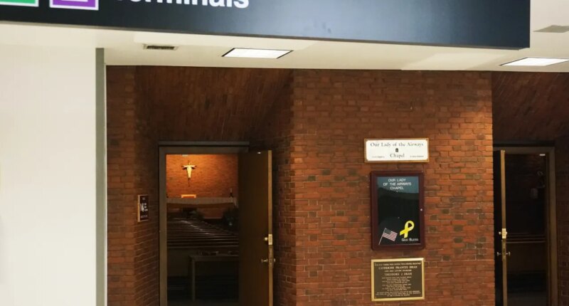 Our Lady of the Airways, a Catholic chapel that has ministered to airport workers and travelers since the mid-20th century, is seen at Logan International Airport in Boston on Friday, Aug. 29, 2025. (AP Photo/Giovanna Dell
