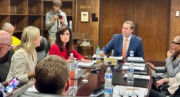 John Wahl, chairman of the Alabama Public Library Service Board of Directors, center right, listens during a meeting in Montgomery, Ala., Thursday, Nov. 20, 2025. (AP Photo/Kim Chandler)