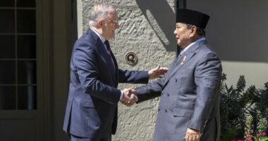 Prime Minister Anthony Albanese welcomes Indonesian President Prabowo Subianto to Kirribilli House. Wednesday 12th November 2025.