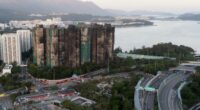 An aerial view of the burnt buildings after a deadly fire at Wang Fuk Court, a residential estate in the Tai Po district of Hong Kong's New Territories,