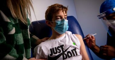 12 year old children having their first COVID-19 jab. 13 September 2021.