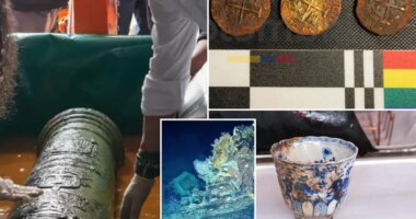 Colombian scientists recover cannon, coins and porcelain cup from 300-year-old Spanish shipwreck