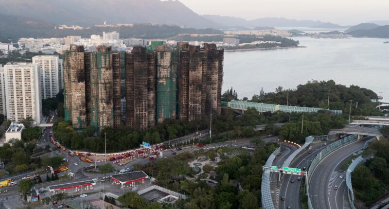An aerial view of the burnt buildings after a deadly fire that started Wednesday at Wang Fuk Court, a residential estate in the Tai Po district of Hong Kong