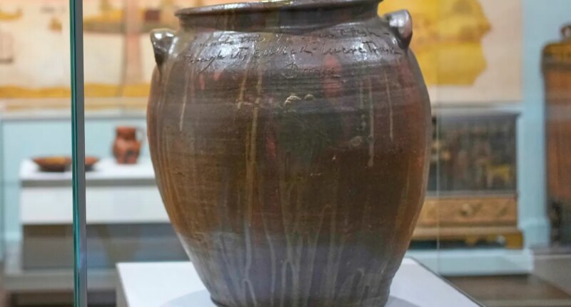 A stoneware vessel created by enslaved potter David Drake is seen at the Museum of Fine Arts, Monday, Nov. 10, 2025, in Boston. (AP Photo/Robert F. Bukaty)