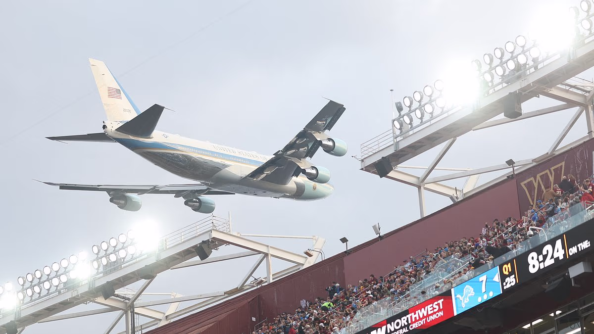 Donald Trump makes stunning flyover for first NFL visit of the season... hours after it emerged he wants $3.7bn new stadium named after him