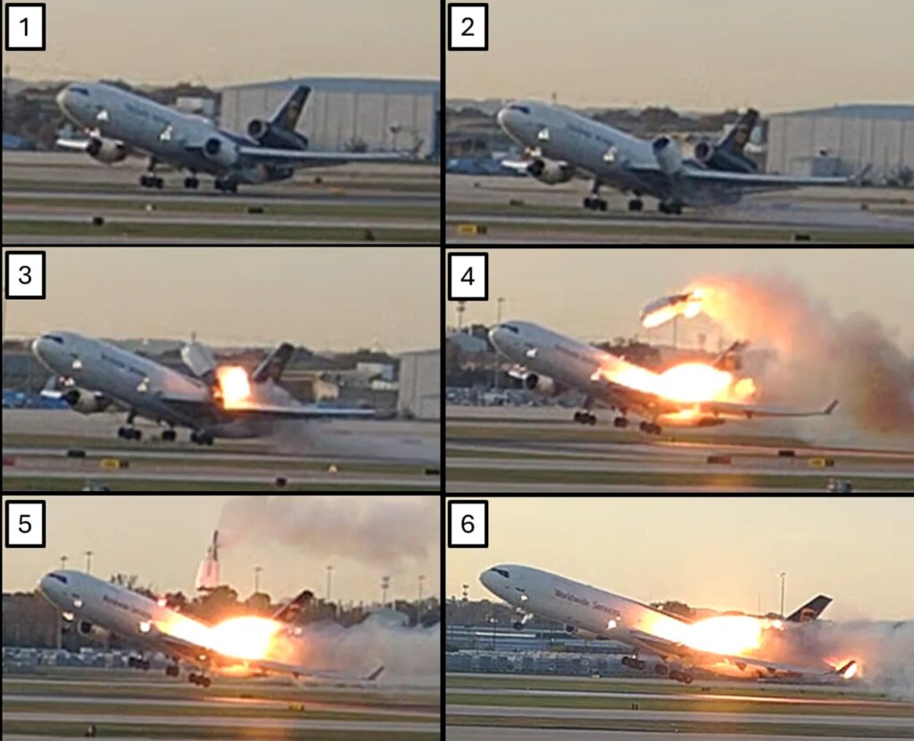 This combination photo provided by the National Transportation Safety Board (NTSB) via UPS shows a sequence of framegrabs made from video where an engine is seen detaching from the plane