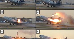 This combination photo provided by the National Transportation Safety Board (NTSB) via UPS shows a sequence of framegrabs made from video where an engine is seen detaching from the plane