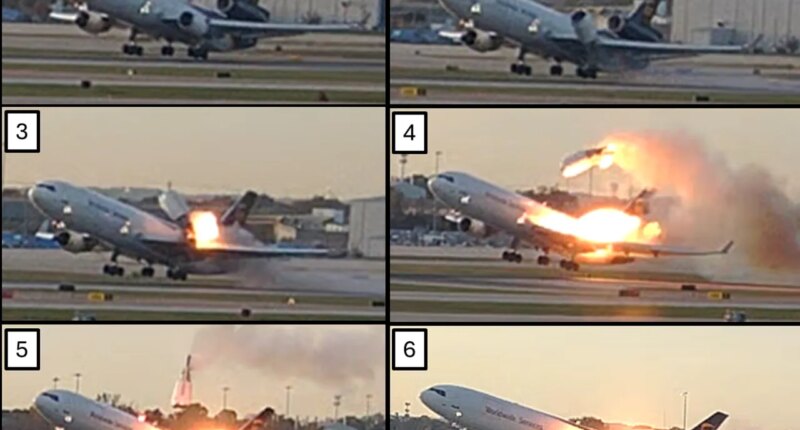 This combination photo provided by the National Transportation Safety Board (NTSB) via UPS shows a sequence of framegrabs made from video where an engine is seen detaching from the plane