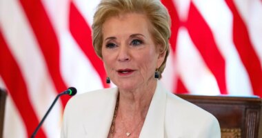 FILE - Education Secretary Linda McMahon speaks during a meeting in the East Room of the White House, Sept. 4, 2025, in Washington. (AP Photo/Alex Brandon, File)