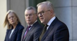 Prime Minister Anthony Albanese, Minister for Finance Senator Katy Gallagher and Minister for the Environment Katy Gallagher during a press conference about the EPBC legislation at Parliament House in Canberra on November 27, 2025.