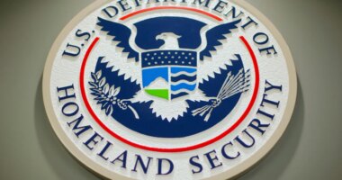 FILE - The Department of Homeland Security logo is seen during a news conference in Washington, Feb. 25, 2015. (AP Photo/Pablo Martinez Monsivais, File)
