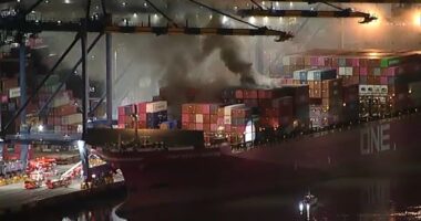 Fire erupts aboard container ship at Port of LA in San Pedro, briefly prompts shelter-in-place order