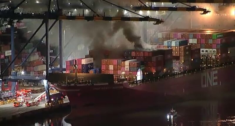 Fire erupts aboard container ship at Port of LA in San Pedro, briefly prompts shelter-in-place order