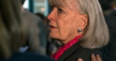FILE - Former Kentucky Gov. Martha Layne Collins is consoled after Kentucky Democratic Senate Alison Grimes gave her concession speech, Tuesday Nov. 4, 2014 in Lexington, Ky. (AP Photo/ John Flavell, File)
