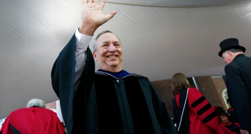 FILE -Former Harvard University president Larry Summers waves during Harvard commencement exercises, May 24, 2018, in Cambridge, Mass. (AP Photo/Michael Dwyer, File)