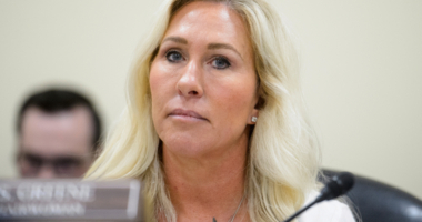FILE - Rep. Marjorie Taylor-Greene, R-Ga., presides over a House Committee hearing on Capitol Hill, Feb. 12, 2025, in Washington. (AP Photo/Rod Lamkey, Jr., File)