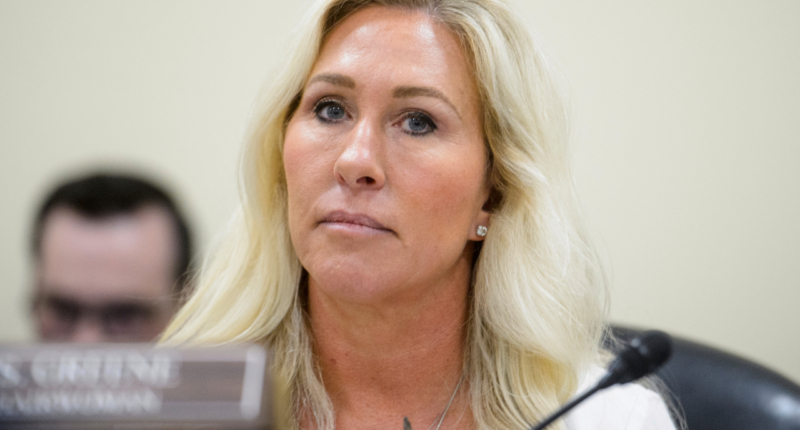 FILE - Rep. Marjorie Taylor-Greene, R-Ga., presides over a House Committee hearing on Capitol Hill, Feb. 12, 2025, in Washington. (AP Photo/Rod Lamkey, Jr., File)