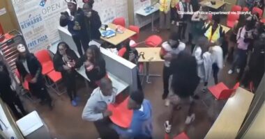 Halloween brawl at Domino's caught on camera, Glassboro, New Jersey police say officer hurt after chair thrown