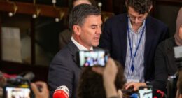 Brad Battin addressed the media soon after losing the leadership, saying the vote did not go his way, but he was proud of the role he has played. Photo by Jason South. 18th November 2025
