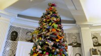 The Origami Holiday Tree stands at the American Museum of Natural History, Thursday, Nov. 13, 2025, in New York. (AP Photo/Joe Frederick)