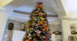 The Origami Holiday Tree stands at the American Museum of Natural History, Thursday, Nov. 13, 2025, in New York. (AP Photo/Joe Frederick)