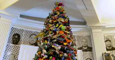 The Origami Holiday Tree stands at the American Museum of Natural History, Thursday, Nov. 13, 2025, in New York. (AP Photo/Joe Frederick)