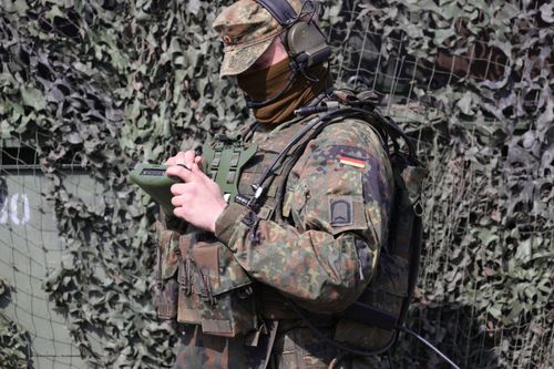 Soldiers of the Bundeswehr's Panzerbrigade 21 tank brigade equipped with electronic back and communication equipment seen during a visit on March 30, 2022 in Augustdorf, Germany.