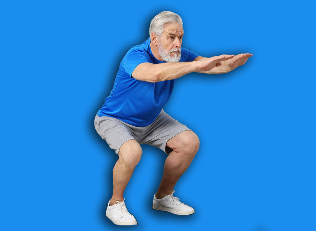 Elderly man exercising at home. Healthy leisure