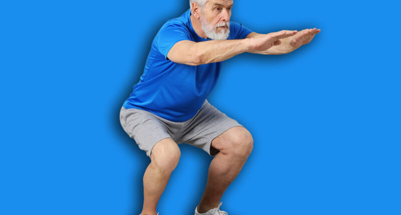 Elderly man exercising at home. Healthy leisure