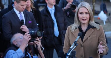 White House press secretary Karoline Leavitt speaks with reporters at the White House, Monday, Nov. 24, 2025, 2025, in Washington. (AP Photo/Evan Vucci)