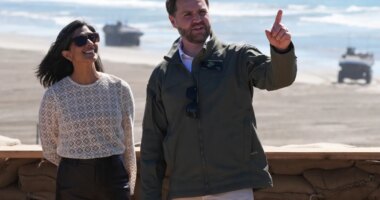 FILE - Vice President JD Vance, right, and second lady Usha Vance watch a demonstration by Marines during activities to mark the upcoming Marine Corps