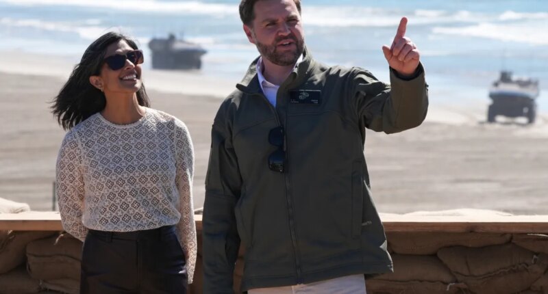 FILE - Vice President JD Vance, right, and second lady Usha Vance watch a demonstration by Marines during activities to mark the upcoming Marine Corps