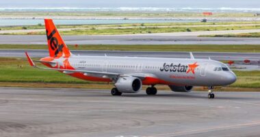 Naha, Japan - October 3, 2023: Jetstar Japan Airlines Airbus A321neo airplane at Okinawa Naha Airport (OKA) in Japan.