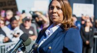 FILE - New York Attorney General, Letitia James, speaks after pleading not guilty outside the United States District Court on Friday, Oct. 24, 2025, in Norfolk, Va. (AP Photo/John Clark,File)