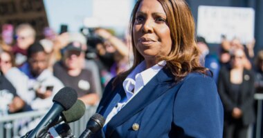 FILE - New York Attorney General, Letitia James, speaks after pleading not guilty outside the United States District Court on Friday, Oct. 24, 2025, in Norfolk, Va. (AP Photo/John Clark,File)