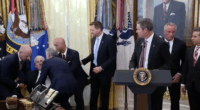Man collapses behind Donald Trump during White House announcement