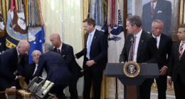 Man collapses behind Donald Trump during White House announcement