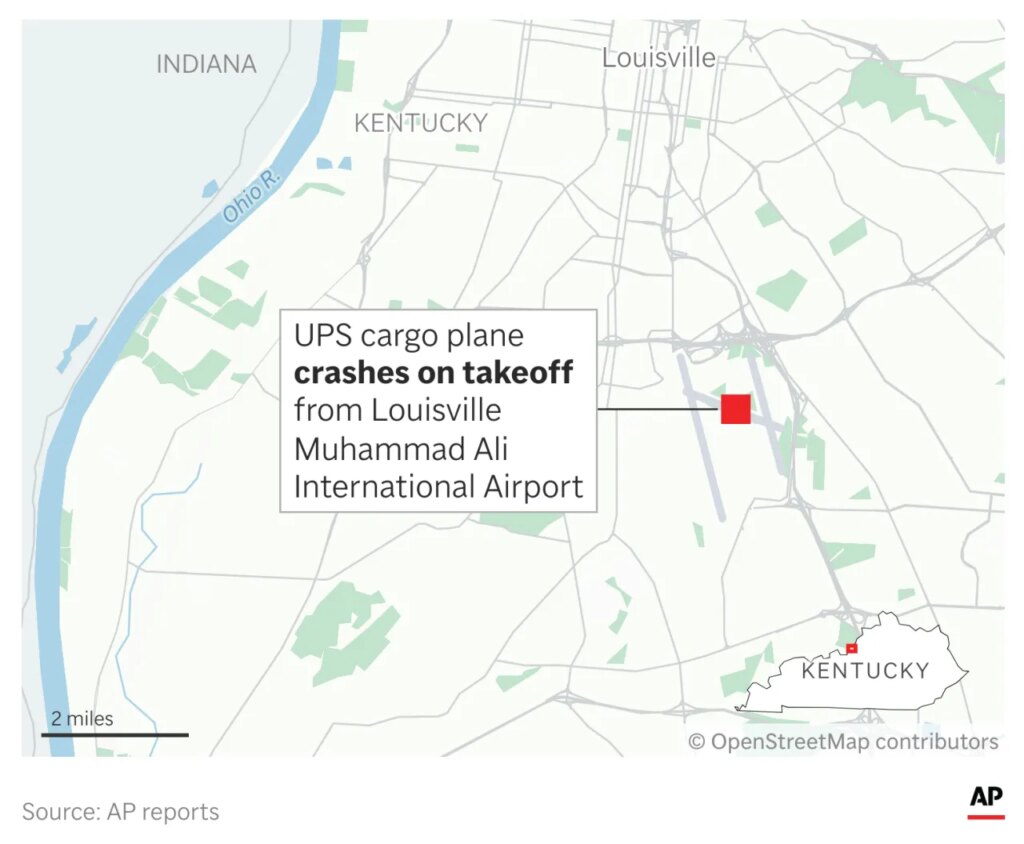 A UPS cargo plane crashed and exploded in a massive fireball Tuesday while taking off from the company’s global aviation hub in Louisville, Kentucky, killing at least three people and injuring 11. (AP Digital Embed)